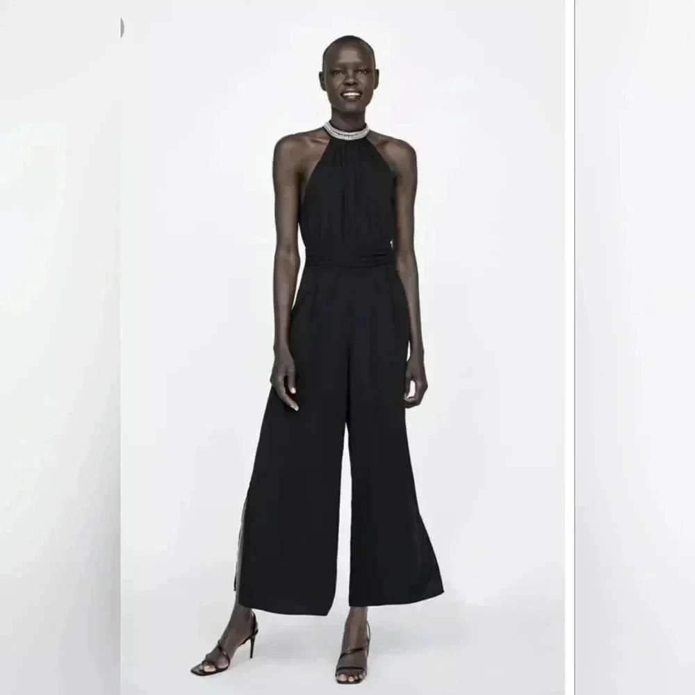 Zara Jewel Aplique Halter Neck Jumpsuit